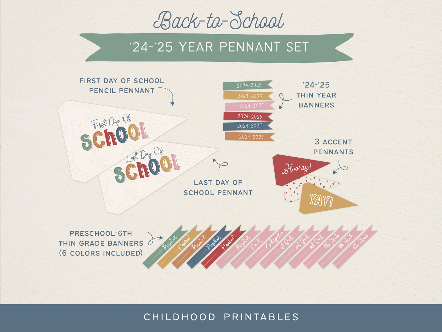 Back To School '24-'25 Year Pennant Printable Set, Digital Download