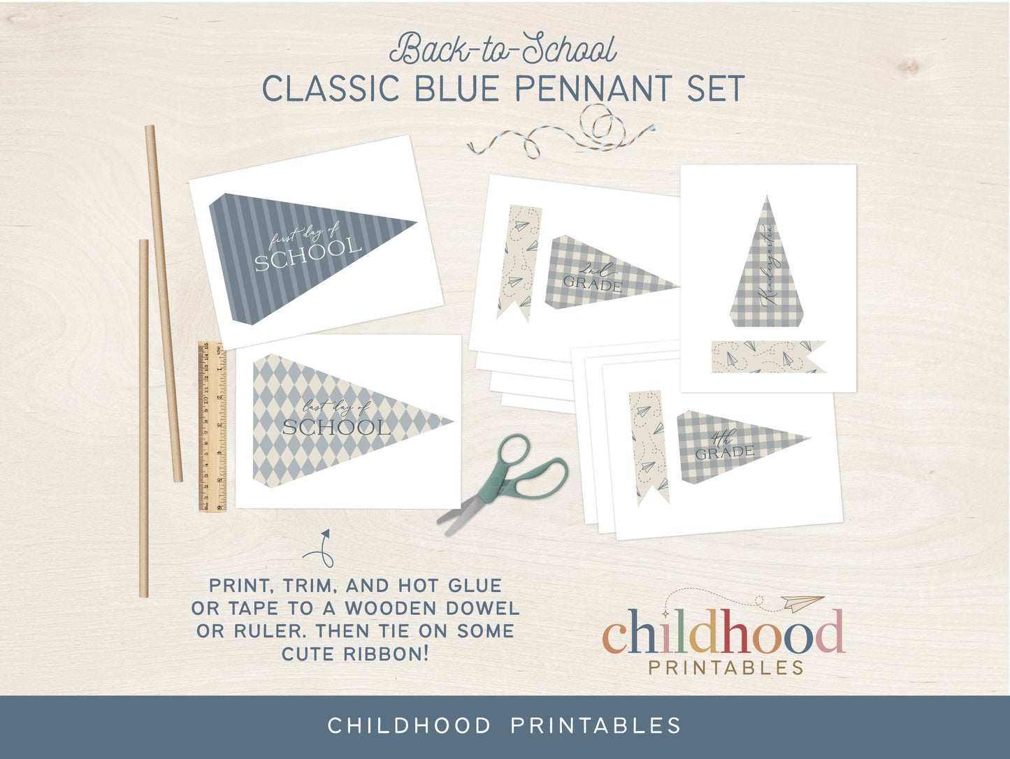 Back To School Classic Blue Pennant Printable Set, Digital Download