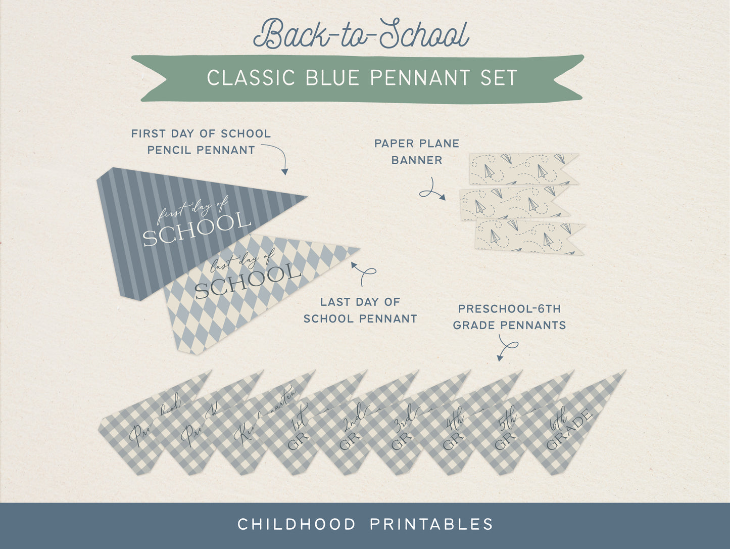 Back To School Classic Blue Pennant Printable Set, Digital Download