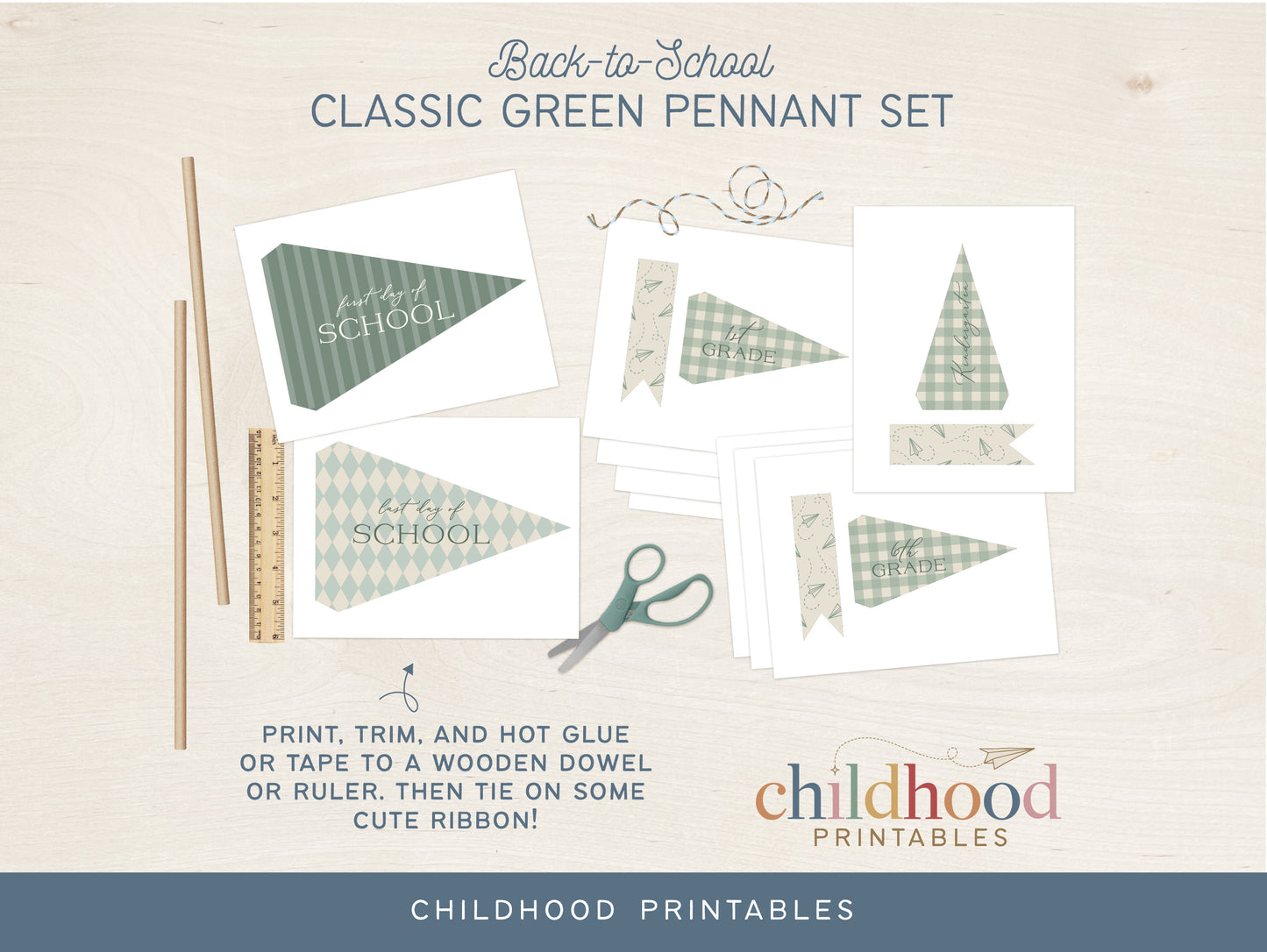 Back To School Classic Green Pennant Printable Set, Digital Download