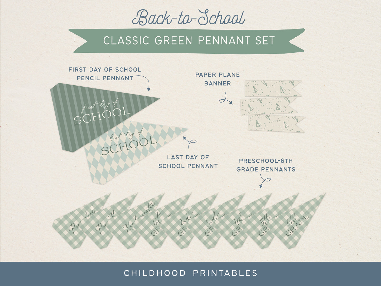 Back To School Classic Green Pennant Printable Set, Digital Download