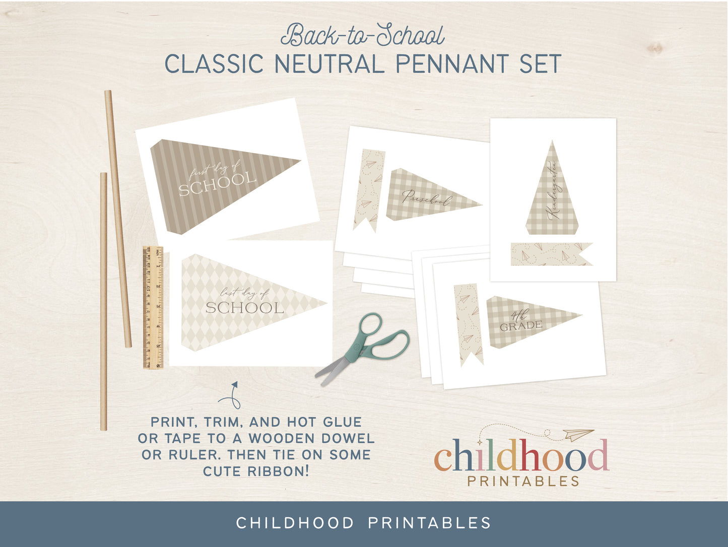 Back To School Classic Neutral Pennant Printable Set, Digital Download