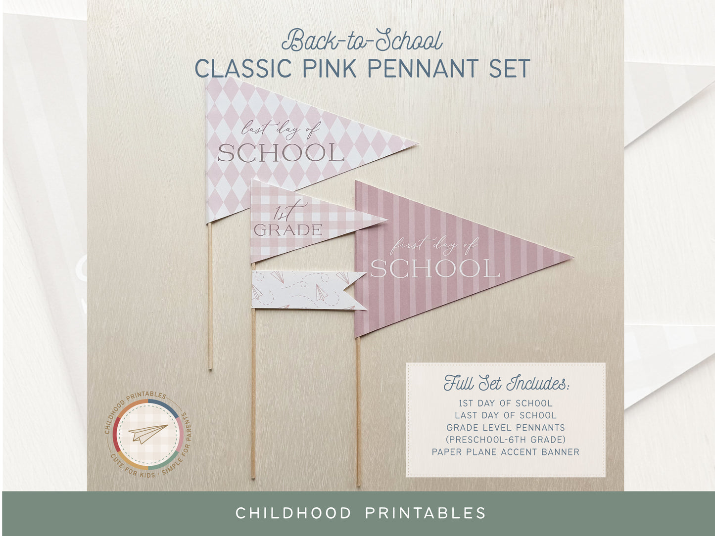 Back To School Classic Pink Pennant Printable Set, Digital Download