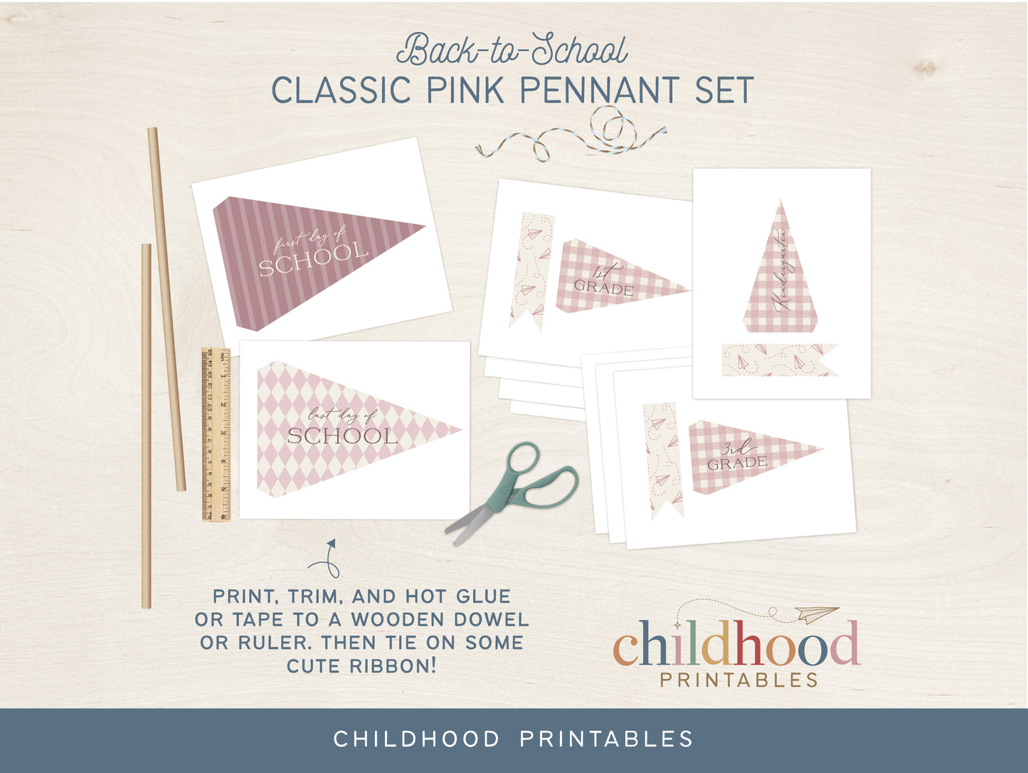 Back To School Classic Pink Pennant Printable Set, Digital Download