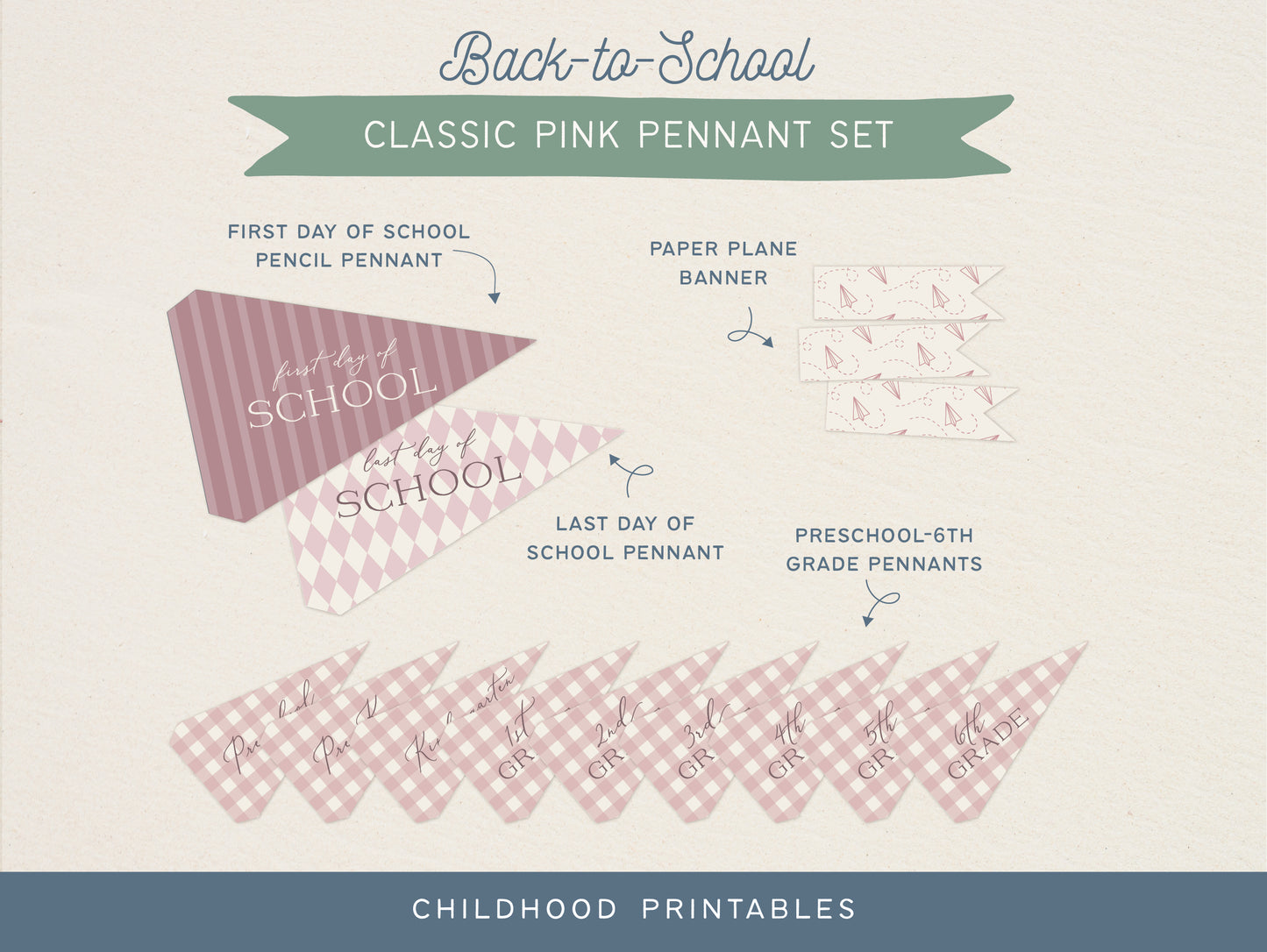 Back To School Classic Pink Pennant Printable Set, Digital Download