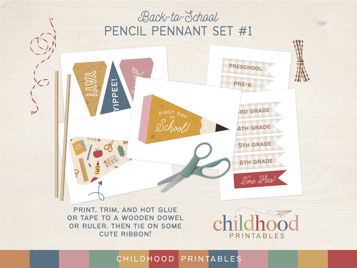 Back To School Pencil Pennant Printable Set #1, Digital Download