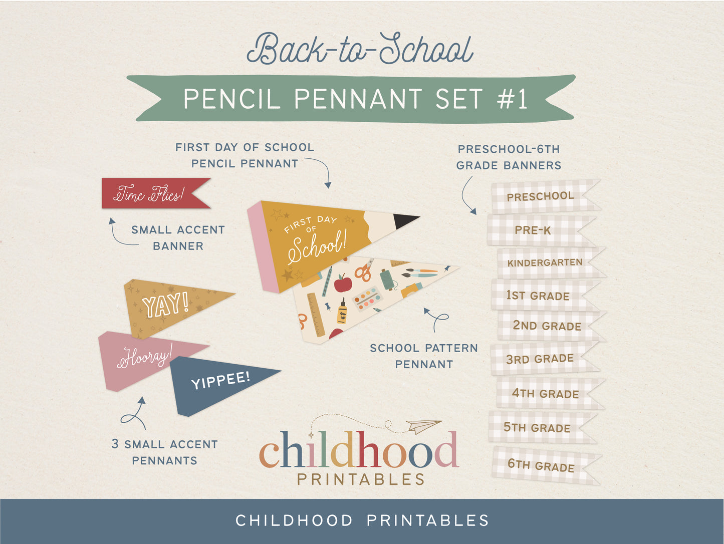 Back To School Pencil Pennant Printable Set #1, Digital Download