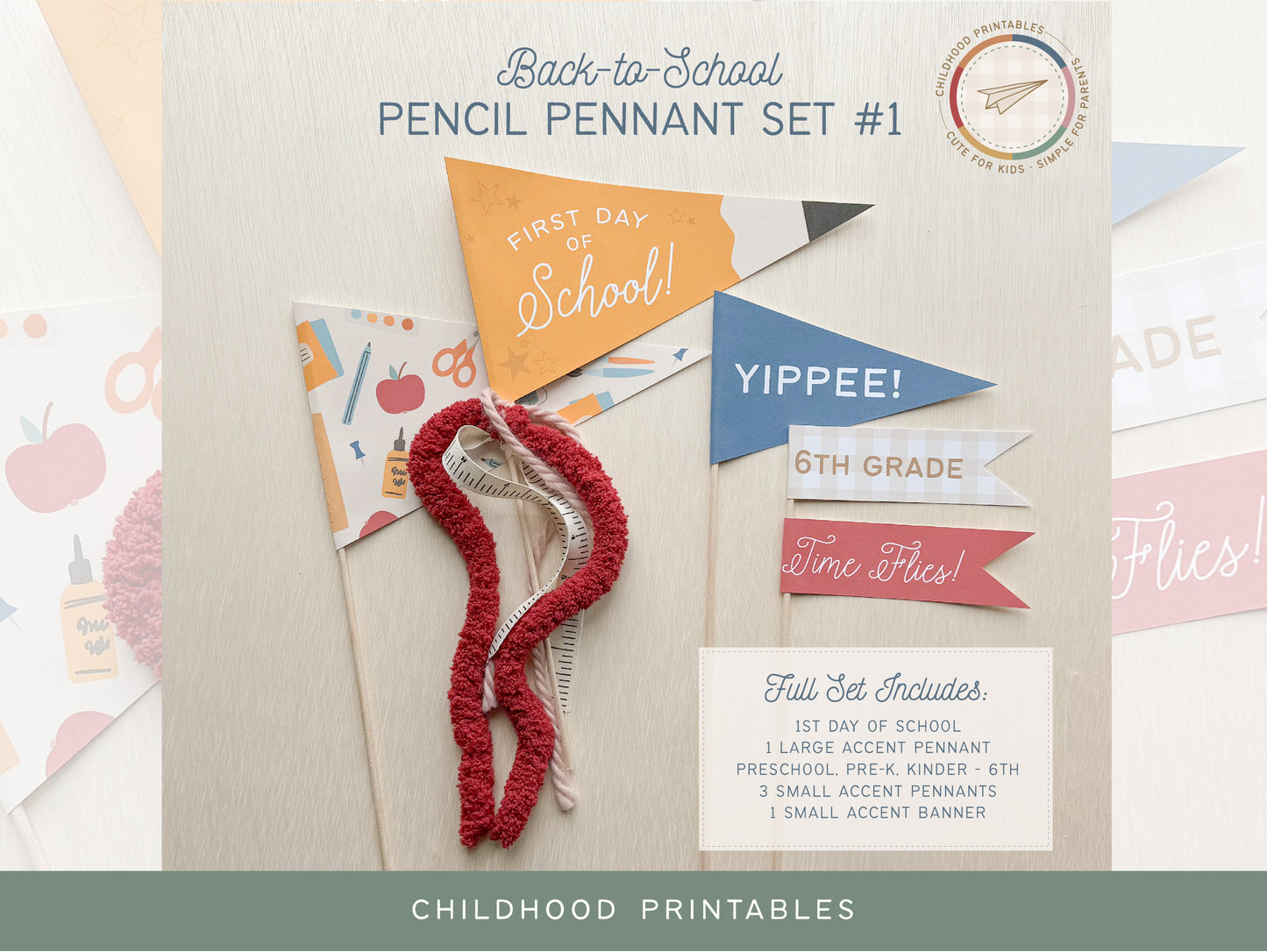 Back To School Pencil Pennant Printable Set #1, Digital Download