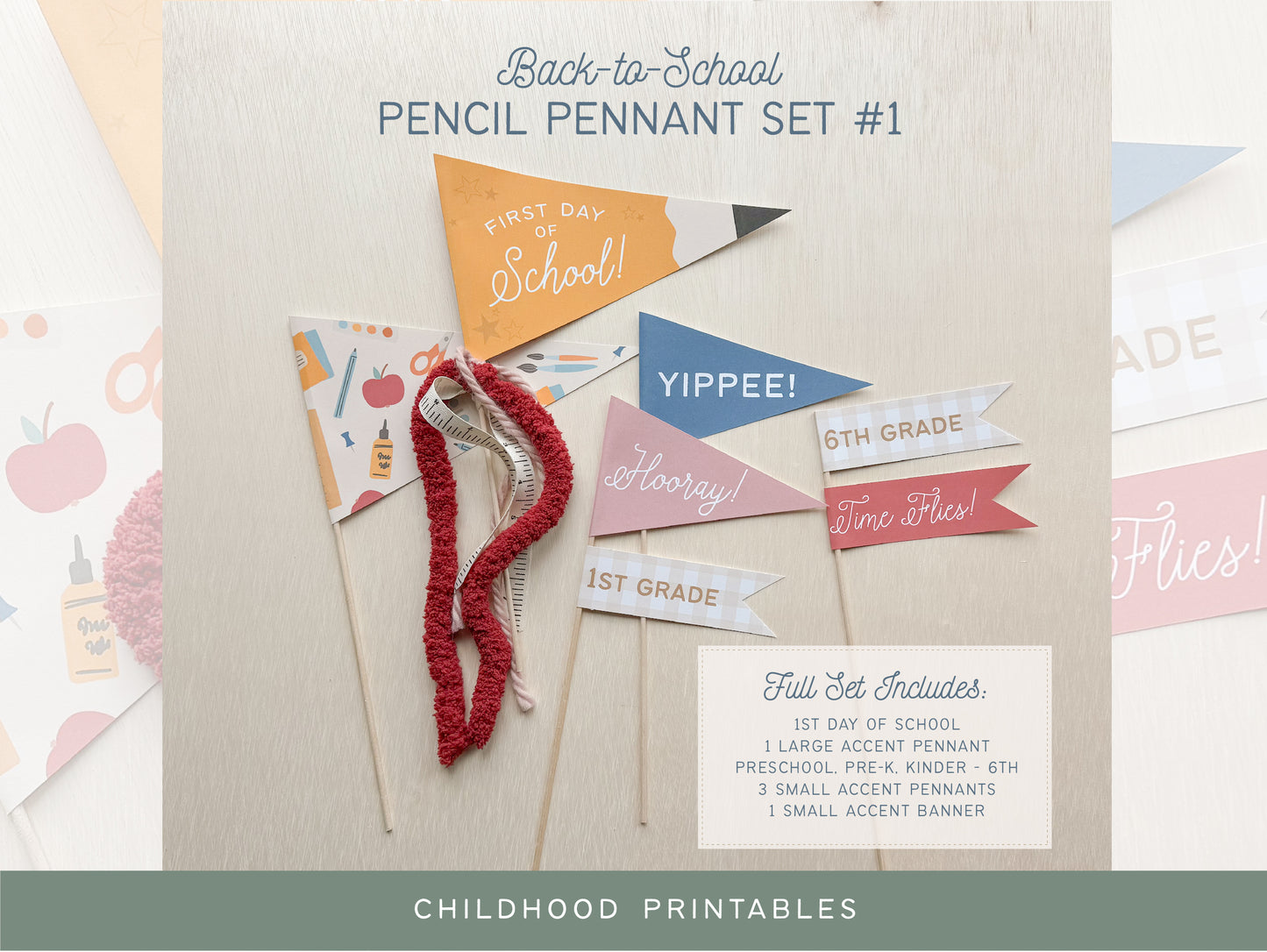 Back To School Pencil Pennant Printable Set #1, Digital Download