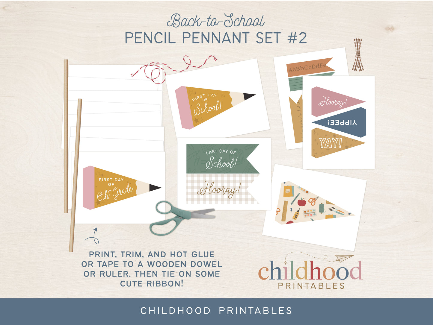 Back To School Pencil Pennant Printable Set #2, Digital Download