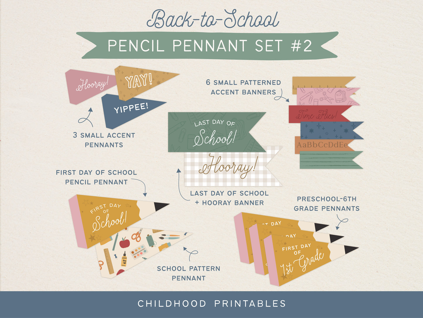 Back To School Pencil Pennant Printable Set #2, Digital Download