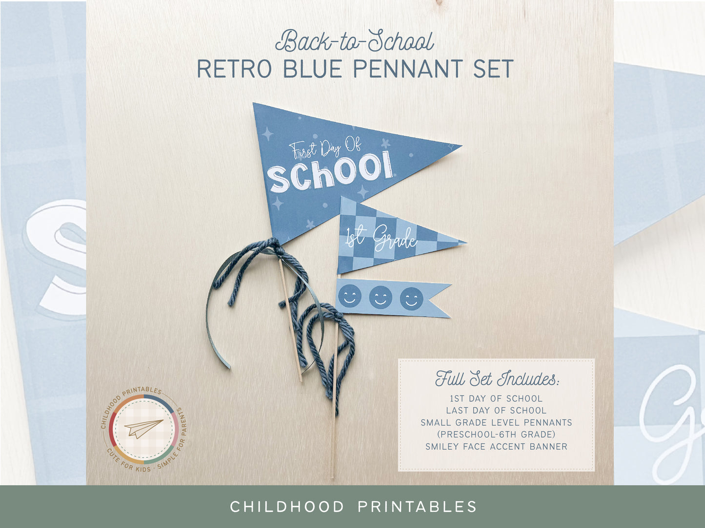 Back To School Retro Blue Pennant Printable Set, Digital Download