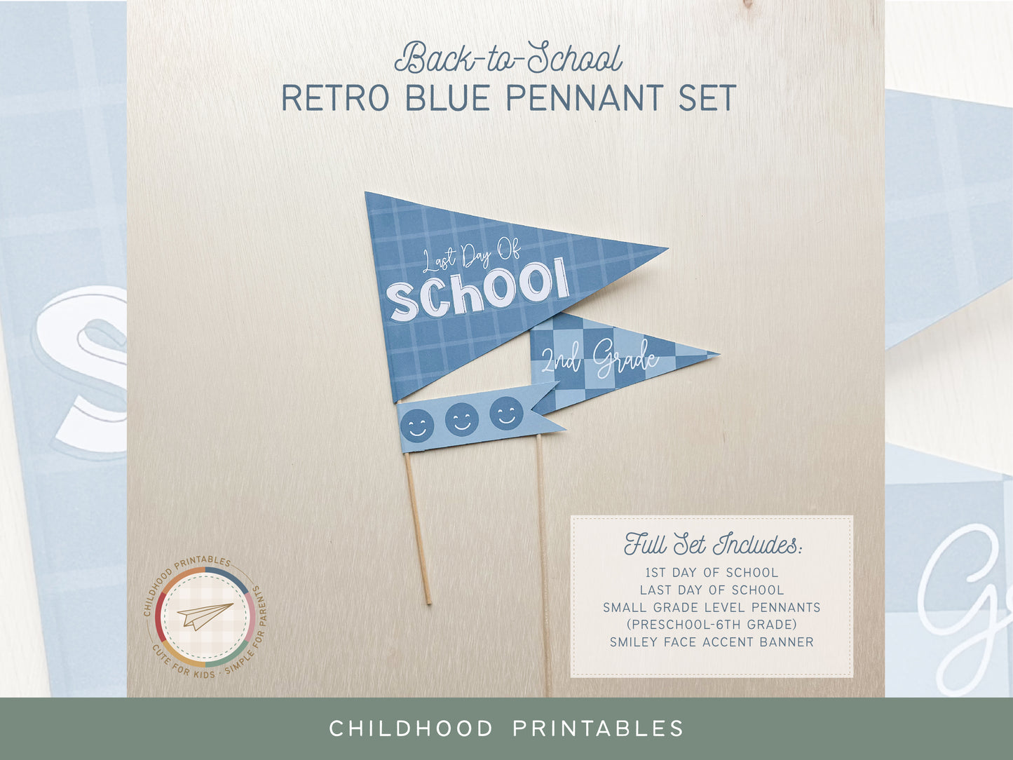 Back To School Retro Blue Pennant Printable Set, Digital Download