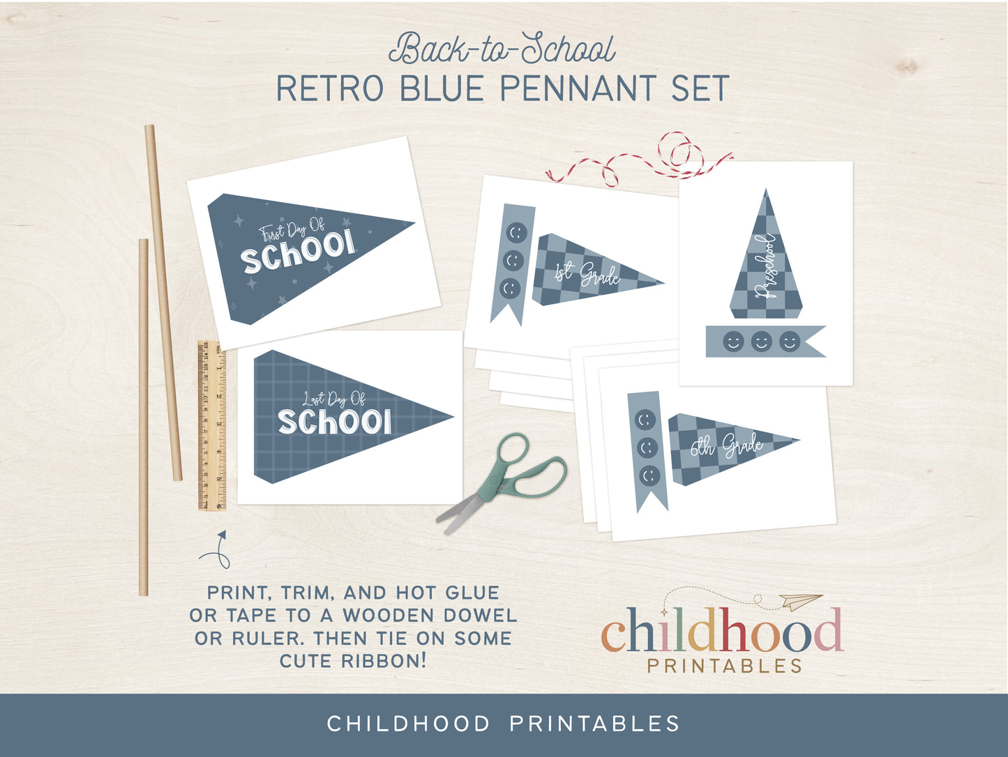 Back To School Retro Blue Pennant Printable Set, Digital Download