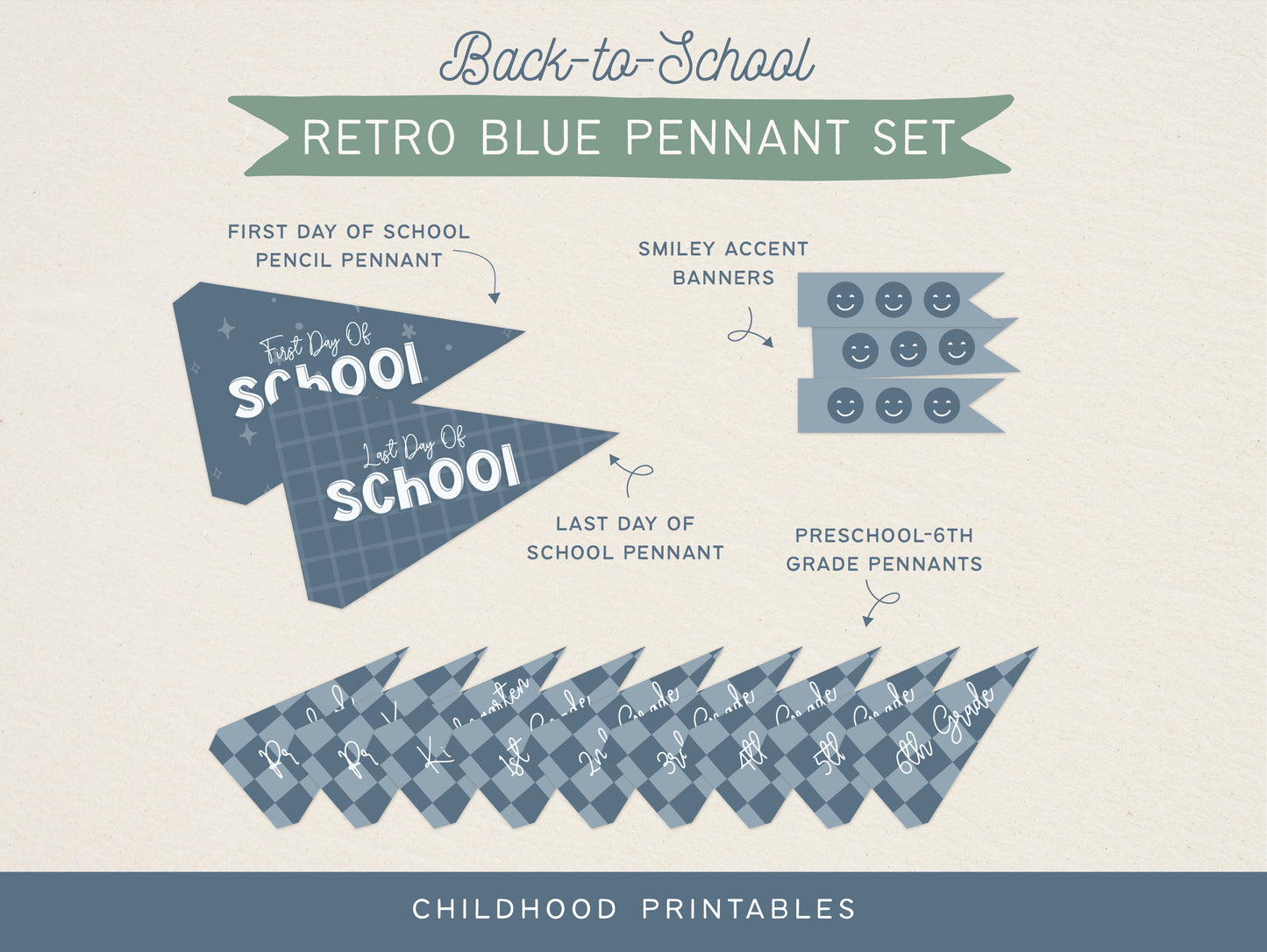 Back To School Retro Blue Pennant Printable Set, Digital Download