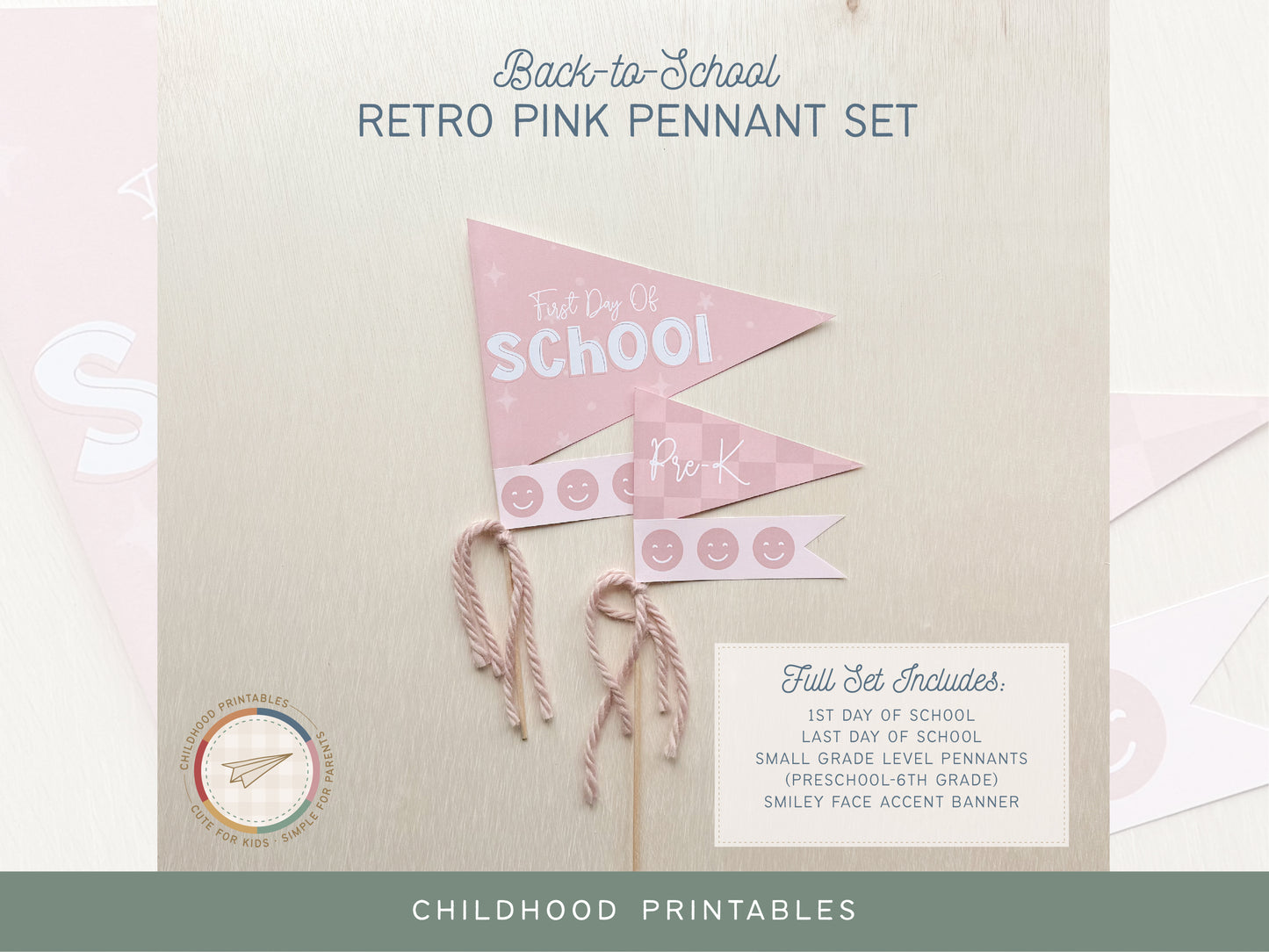 Back To School Retro Pink Pennant Printable Set, Digital Download