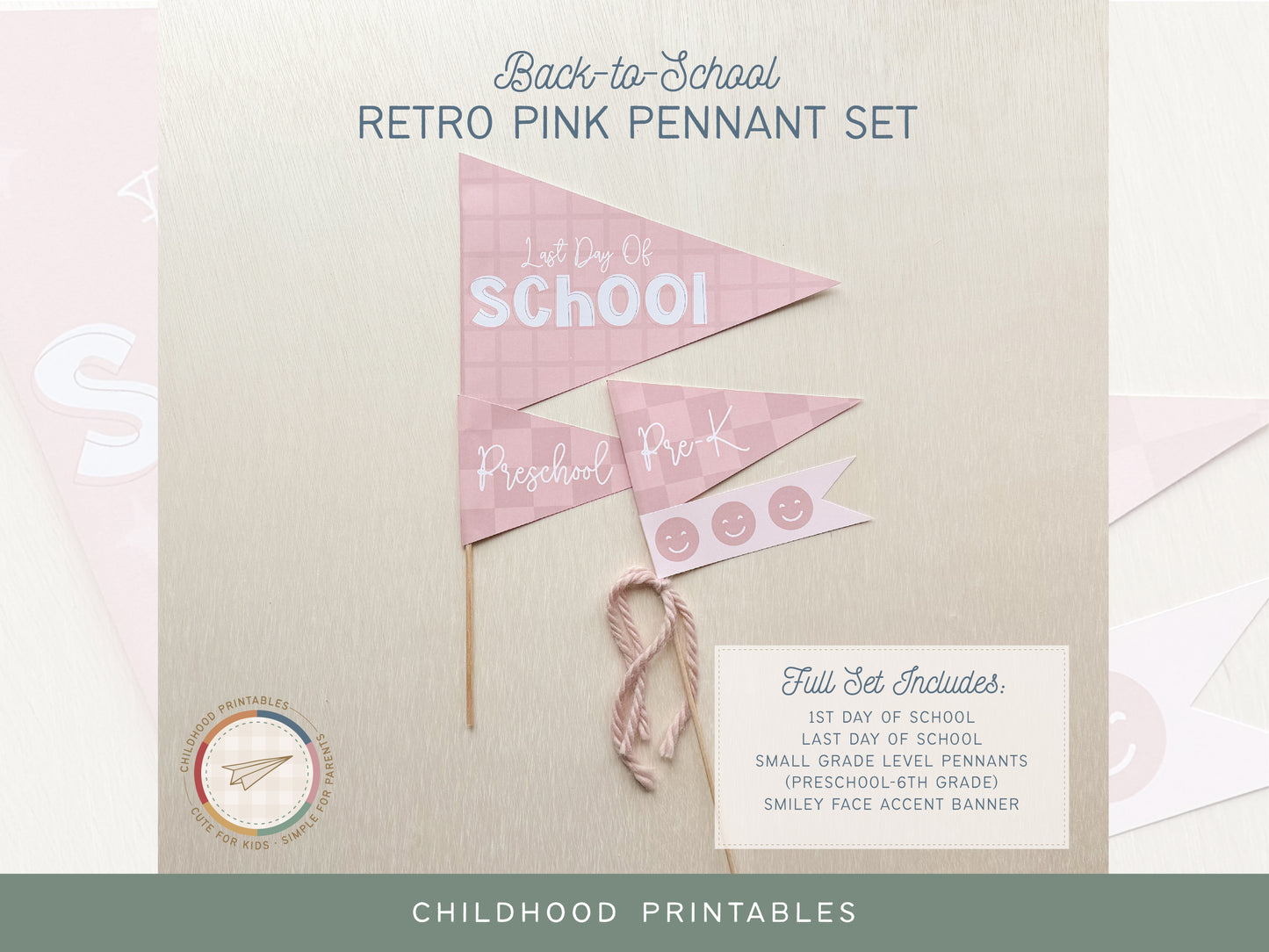 Back To School Retro Pink Pennant Printable Set, Digital Download