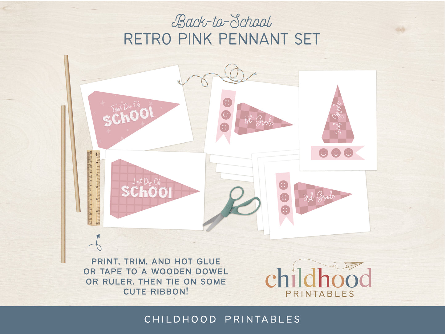 Back To School Retro Pink Pennant Printable Set, Digital Download