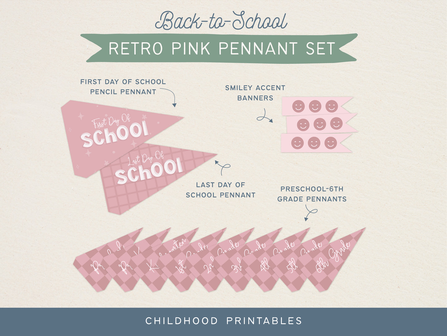 Back To School Retro Pink Pennant Printable Set, Digital Download