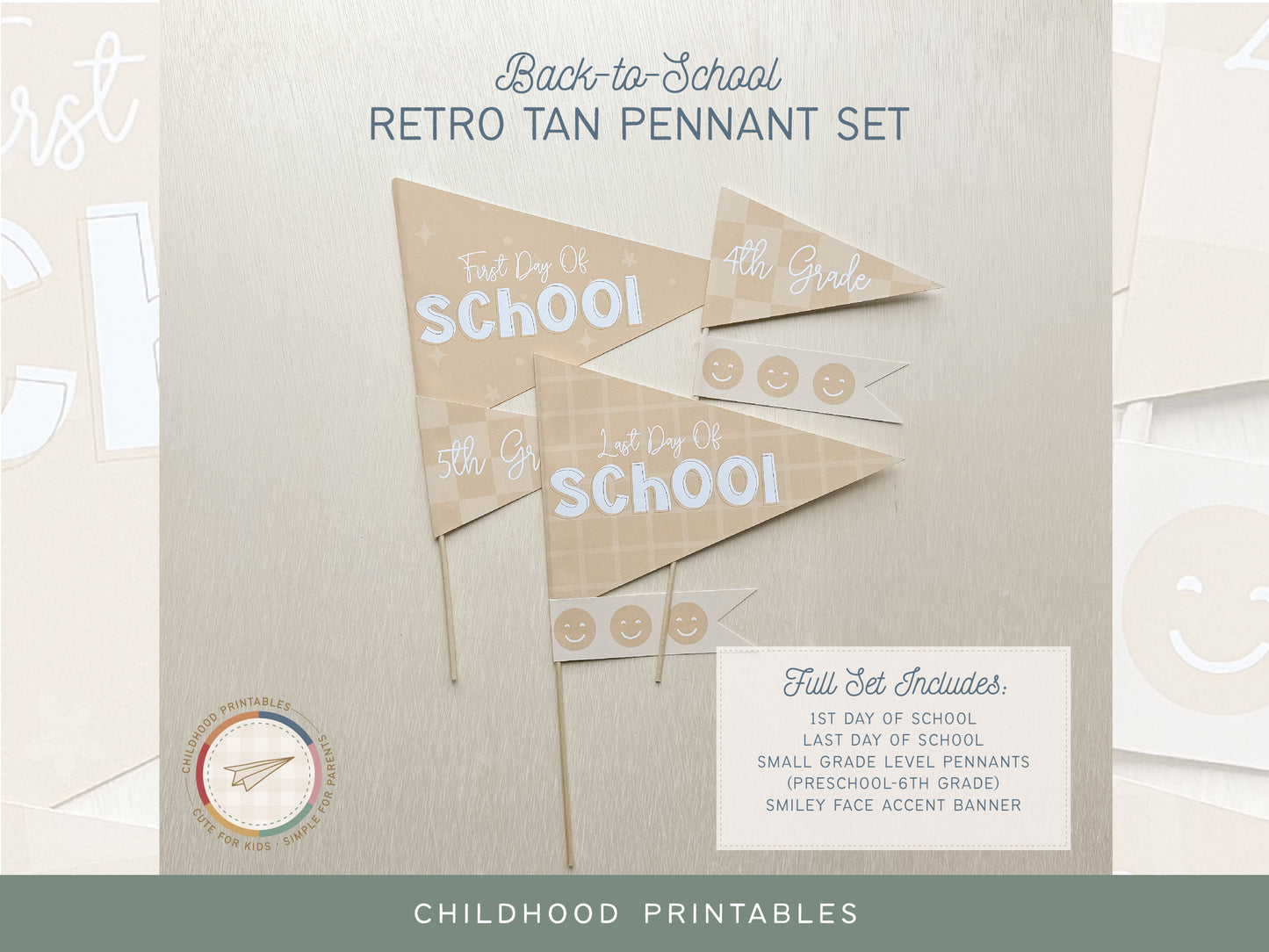 Back To School Retro Tan Pennant Printable Set, Digital Download