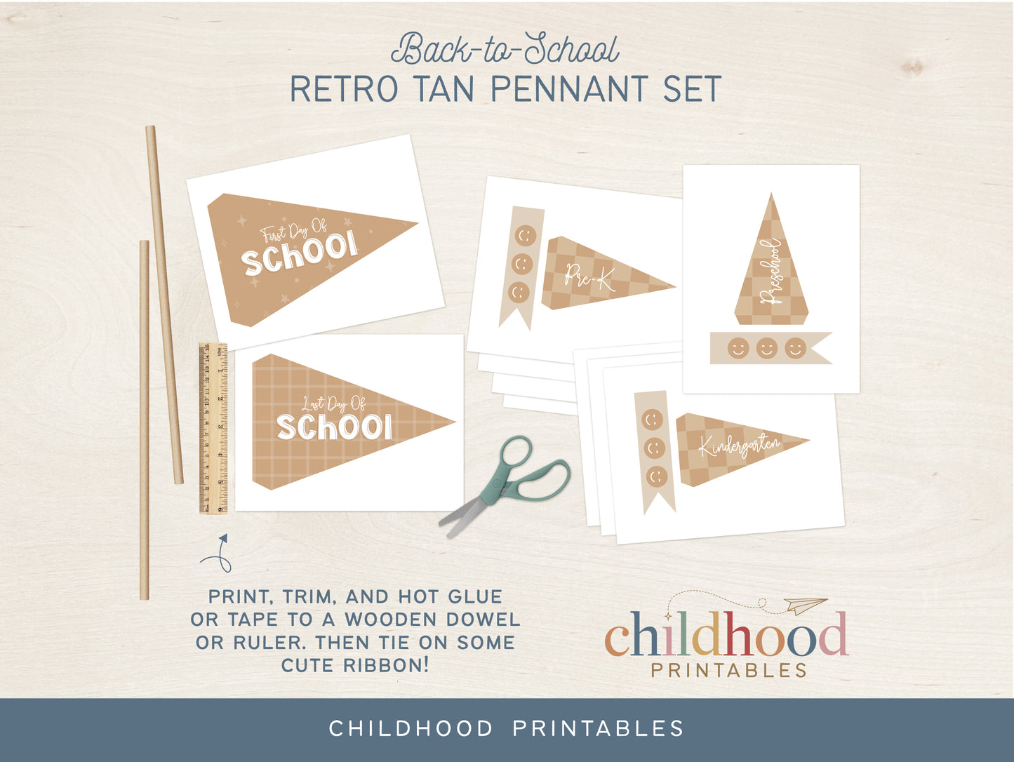 Back To School Retro Tan Pennant Printable Set, Digital Download