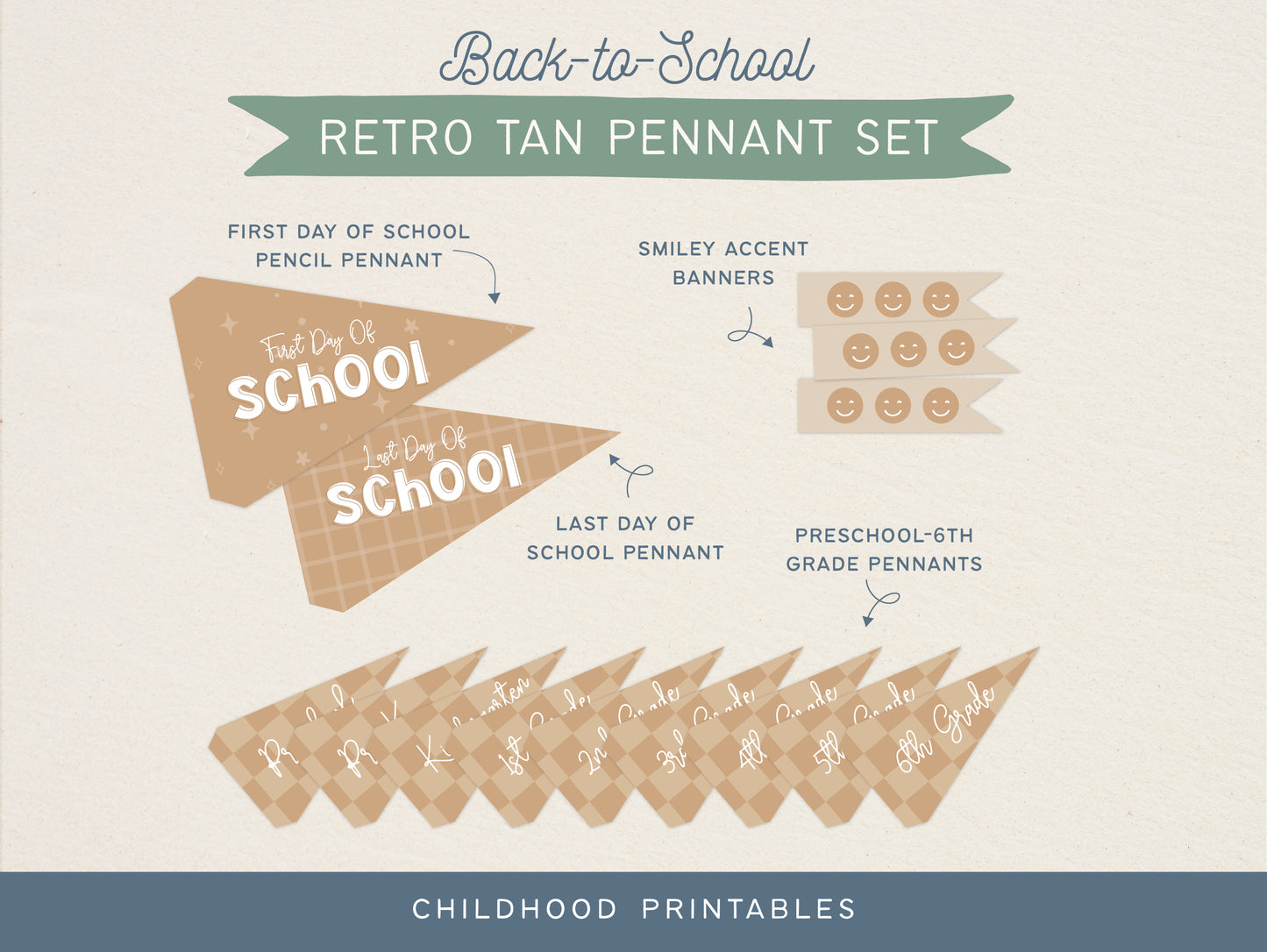 Back To School Retro Tan Pennant Printable Set, Digital Download