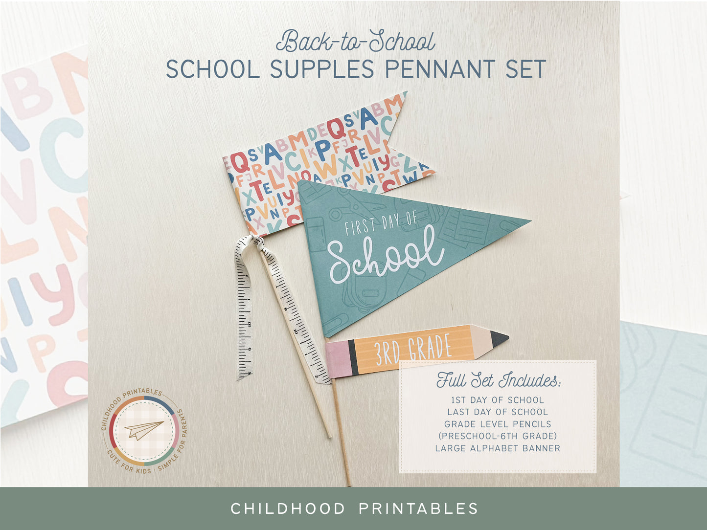 Back To School Supplies Pennant Printable Set, Digital Download