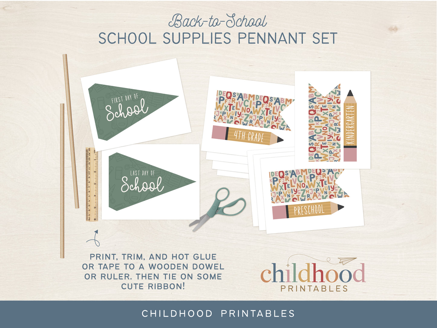 Back To School Supplies Pennant Printable Set, Digital Download