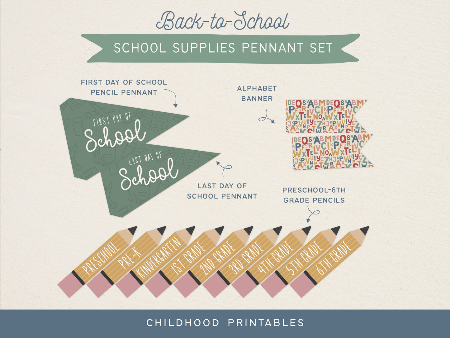 Back To School Supplies Pennant Printable Set, Digital Download