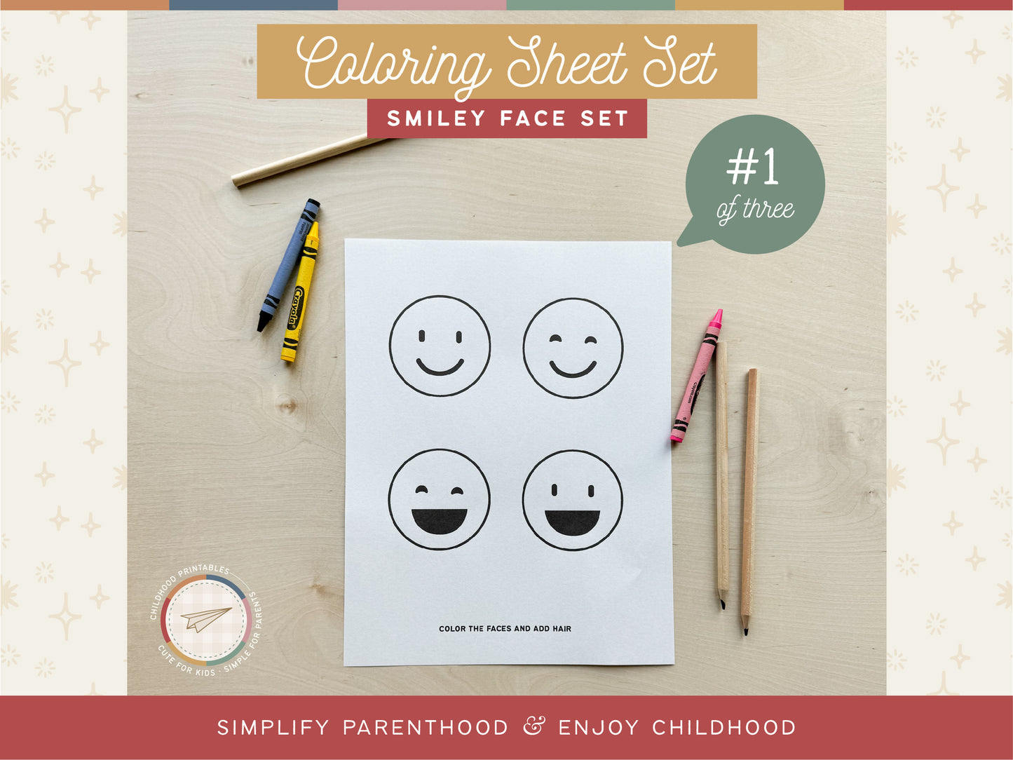 Smiley Face Coloring Activity Sheet Set, Digital Download