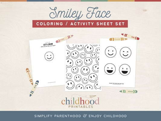 Smiley Face Coloring Activity Sheet Set, Digital Download