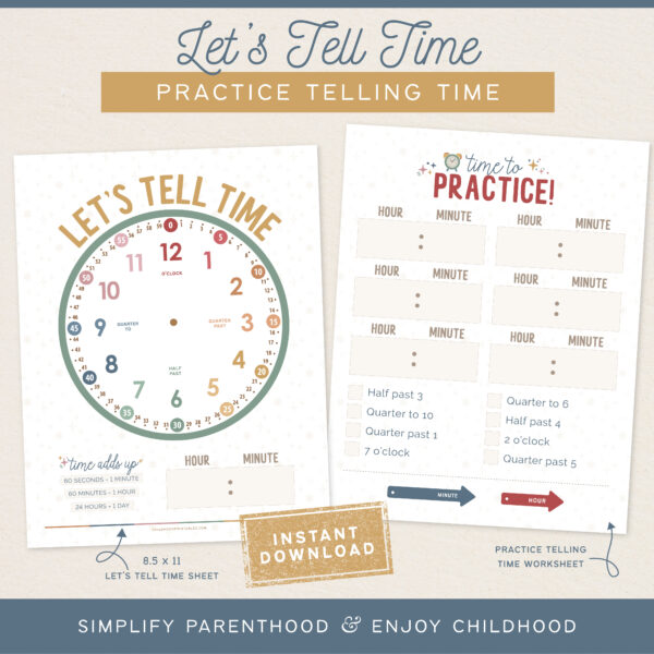 Learn To Tell Time, Analog Clock Printable, Digital Download