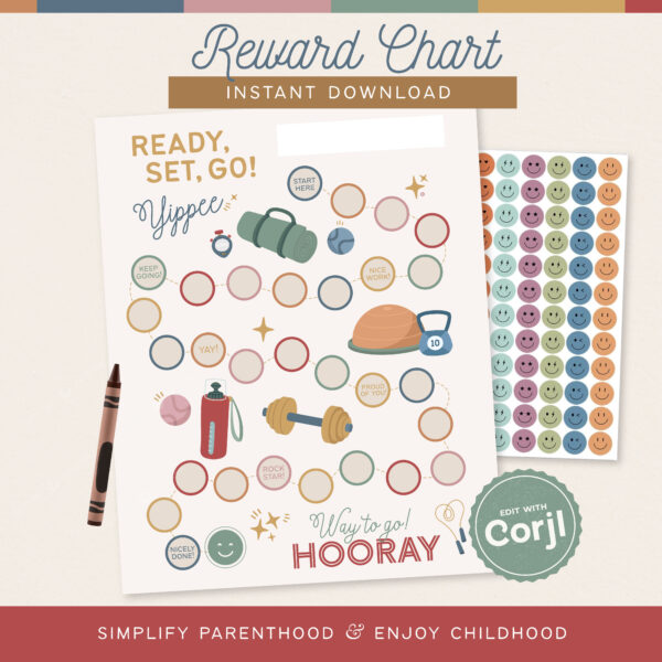 Ready Set Go Exercise Reward Chart, Customizable Instant Download