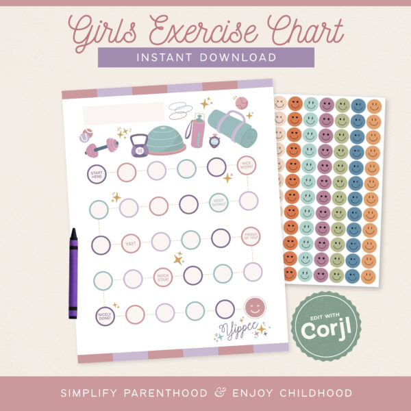 Girls Exercise Reward Chart, Customizable Instant Download
