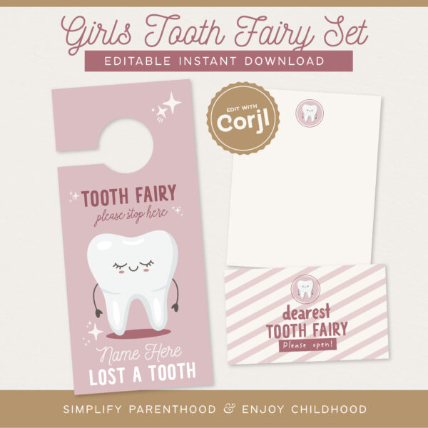 Girls Tooth Fairy Door Hanger Set, Customizable Instant Download