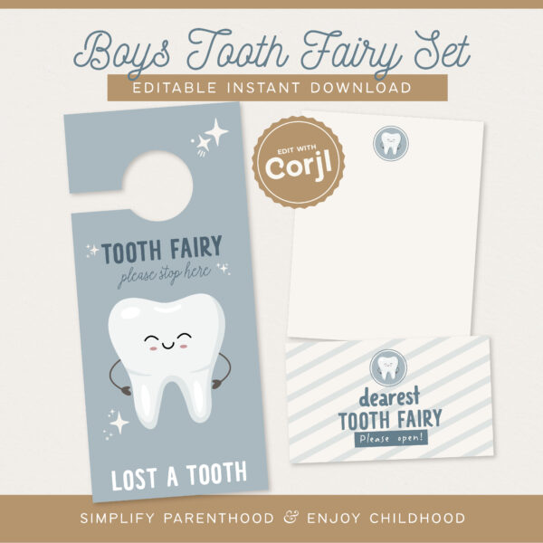Boys Tooth Fairy Door Hanger Set, Customizable Instant Download