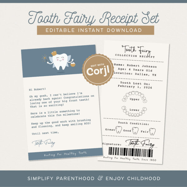 Boys Tooth Fairy Receipt Set, Customizable Instant Download