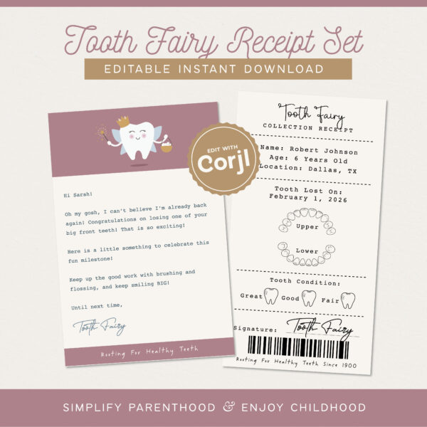Girls Tooth Fairy Receipt Set, Customizable Instant Download