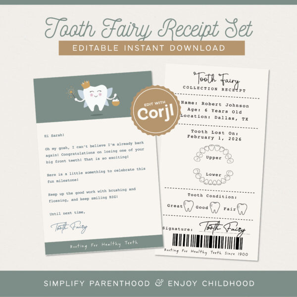 Kids Tooth Fairy Receipt Set, Customizable Instant Download