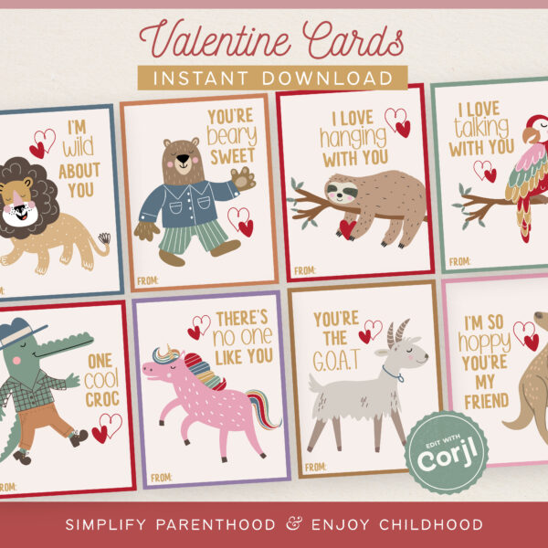 Animal Valentine Cards, Instant Download