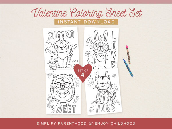 Valentine Animal Coloring Sheet Set-01