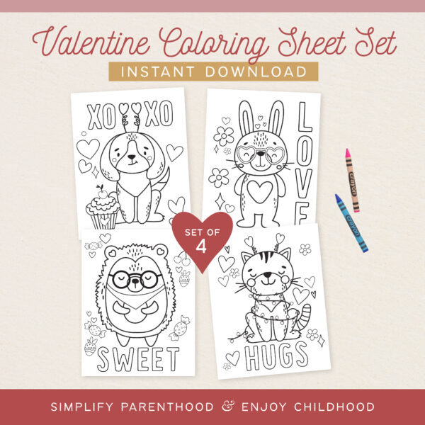 Valentine Coloring Sheet Set, Instant Download